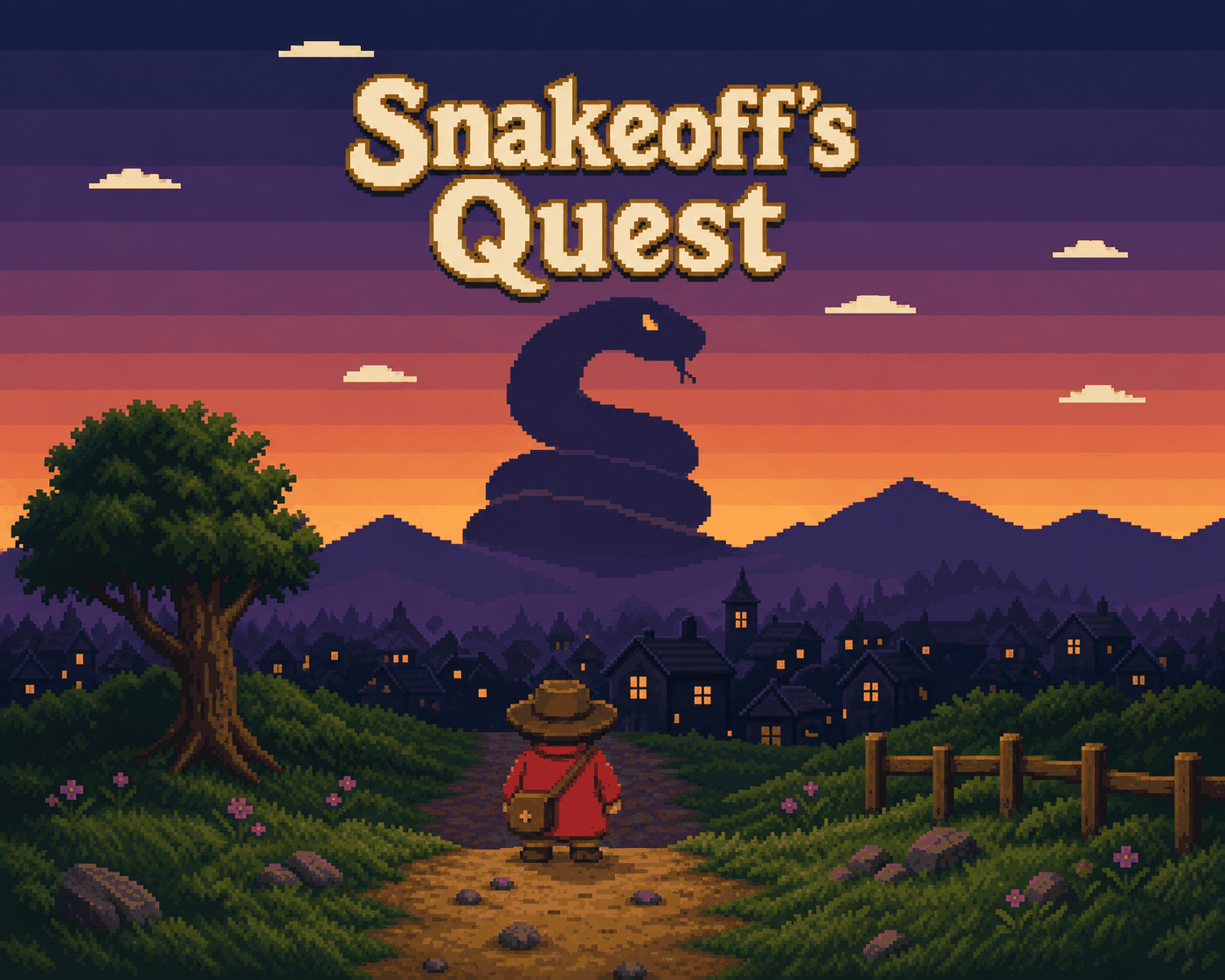 Snakeoff's Quest — a peddler in a red coat on the road into Tonicton at dusk, a great serpent coiled against the sunset behind the town.