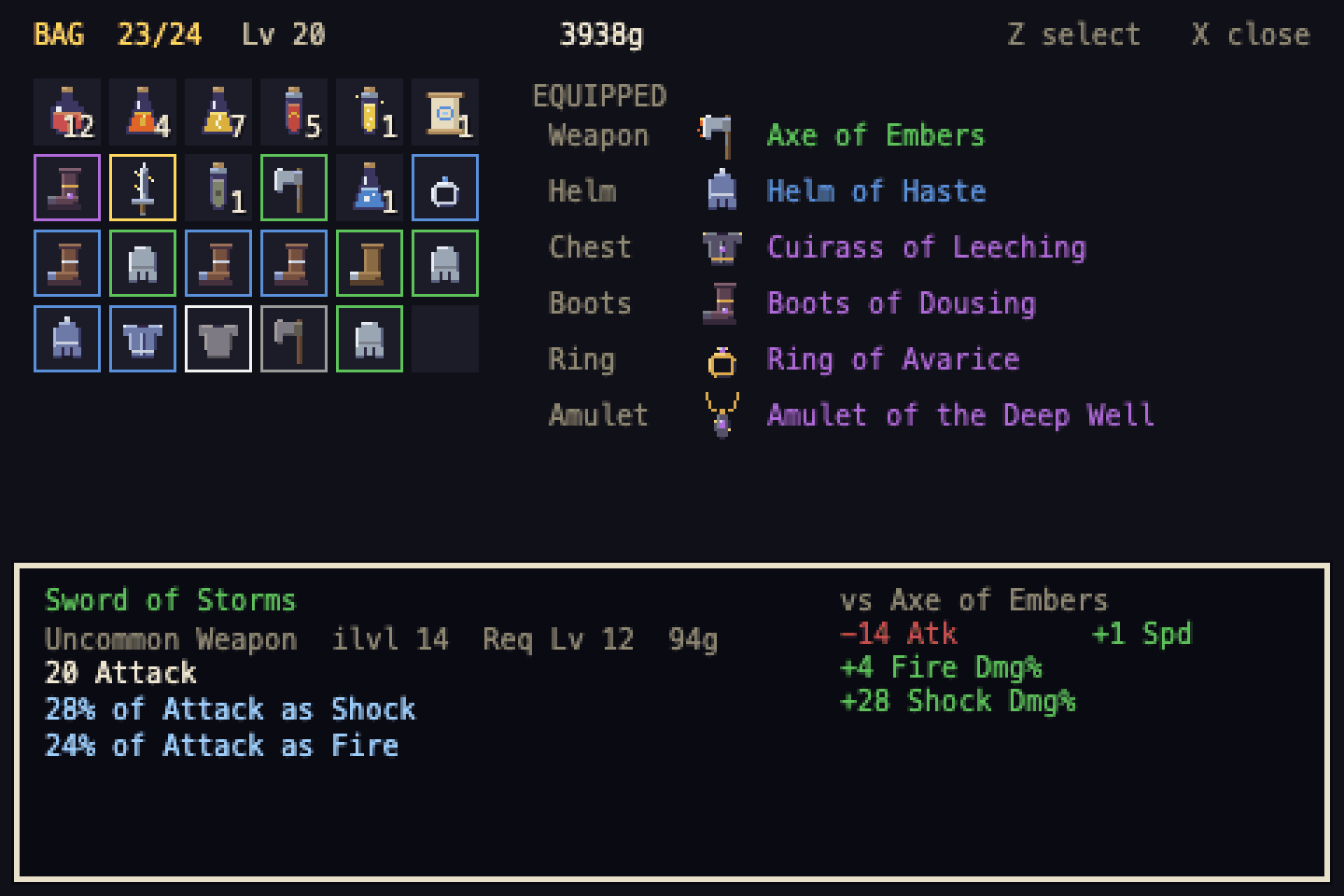 The bag screen, comparing a Sword of Storms against the equipped Axe of Embers