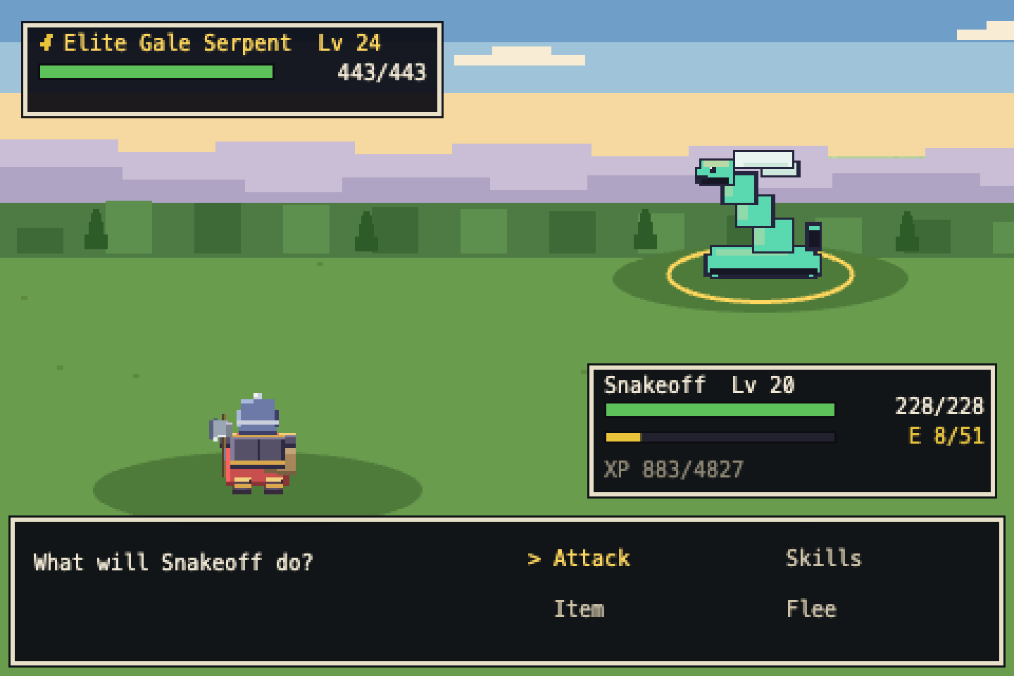 A battle against an Elite Gale Serpent on a grassy field